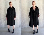 Vintage 50's Fur Collar Pea Coat Black with Fur Cuffs Women's