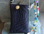 iPhone 3G  4G 5, iPod-Touch, BlackBerry, Droid II Case/Sleeve --Purple Black Tiger Print Jewelry Beaded Strap -- Button Closure 36" Strap