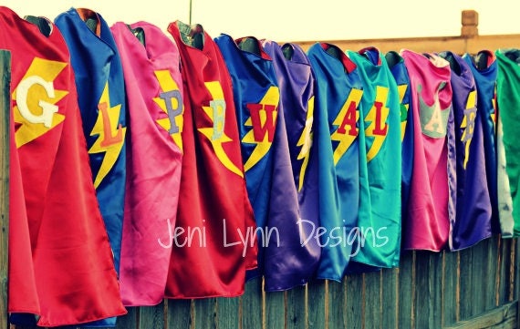 Custom Super Hero Cape with Lightning Bolt and Child's Initial - Two colors