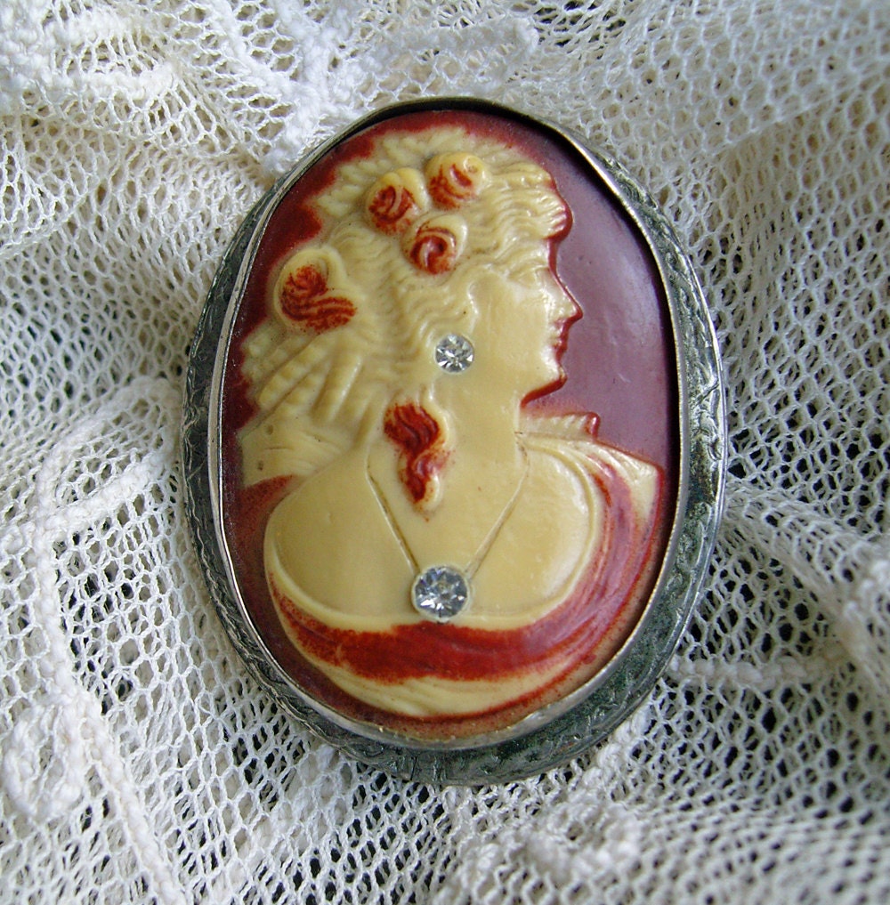 Antique Celluloid Cameo Brooch Lady with Necklace and Earrings