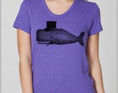 Women's T Shirt Whale Tophat American Apparel S, M, L, XL 8 Colors
