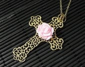 Filigree Cross Necklace. Gold Cross with Pink Rose Center. Christian Necklace. Handmade Jewelry.