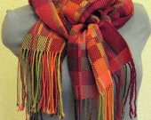 Checkered Scarf Red Burgundy Orange Green hand woven cloth