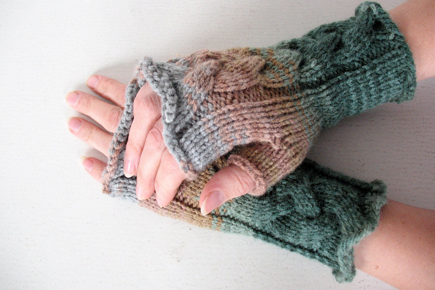 Fingerless Gloves  Beige Brown Gray Green wrist warmers Knit