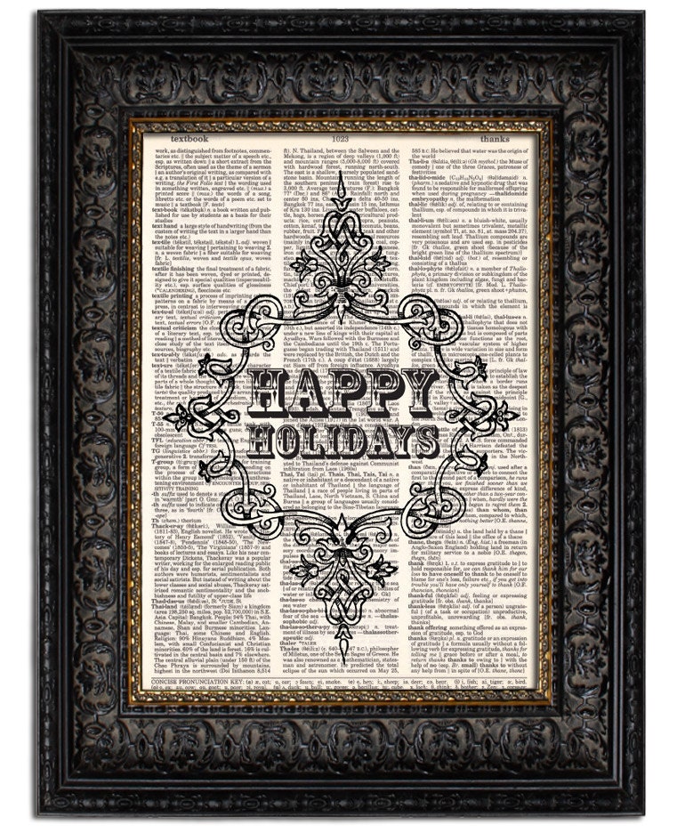 HAPPY HOLIDAYS ORNAMENT in Black Art Print, Wall Decor, dictionary art print, 8x10, on vintage dictionary page