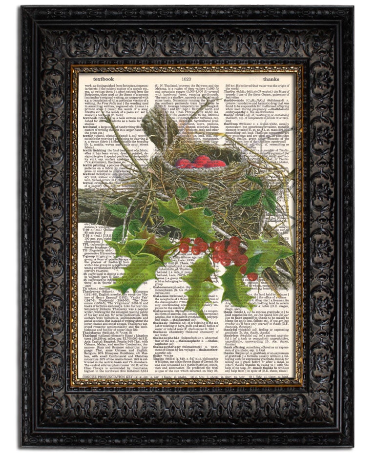 Holiday Home Decor CHRISTMAS BIRD NEST Holly Eggs, 8x10, vintage dictionary art print Christmas Art