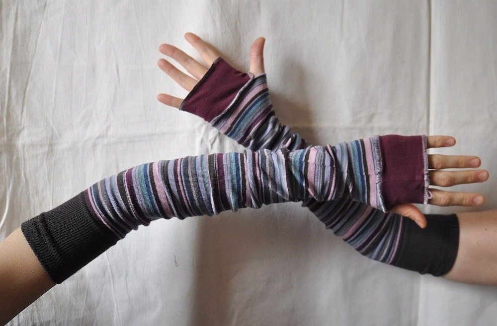 Extra Long Creased Arm Warmers in Stripes Gloves Mittens Fingerless Upcycled Clothing Funky Wrapped Wrists Cuffs Eco Style Woman's Clothing