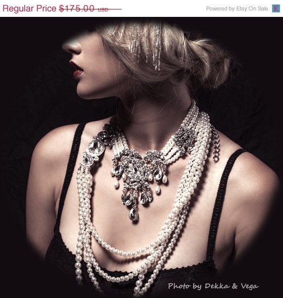 Wedding jewelry, OOAK Bridal bib necklace, vintage inspired pearl necklace, rhinestone Victorian bridal necklace