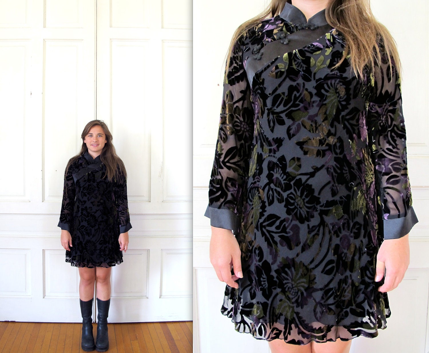 Vtg 90s Asian Inspired Silk Tunic Dress / Sheer Velvet Floral Print Mini Dress