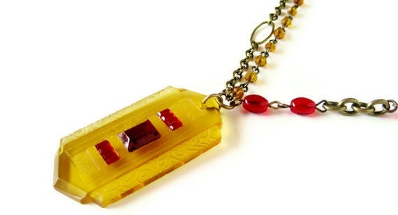 Yellow Glass Pendant Necklace, Art Deco