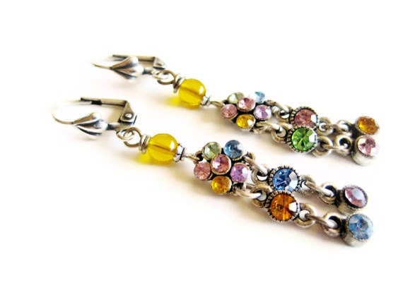 Rhinestone Dangle Earrings, Multicolor Vintage
