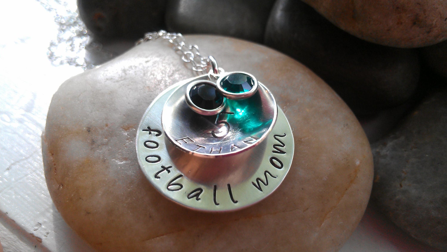 Football mom hand stamped sterling silver necklace
