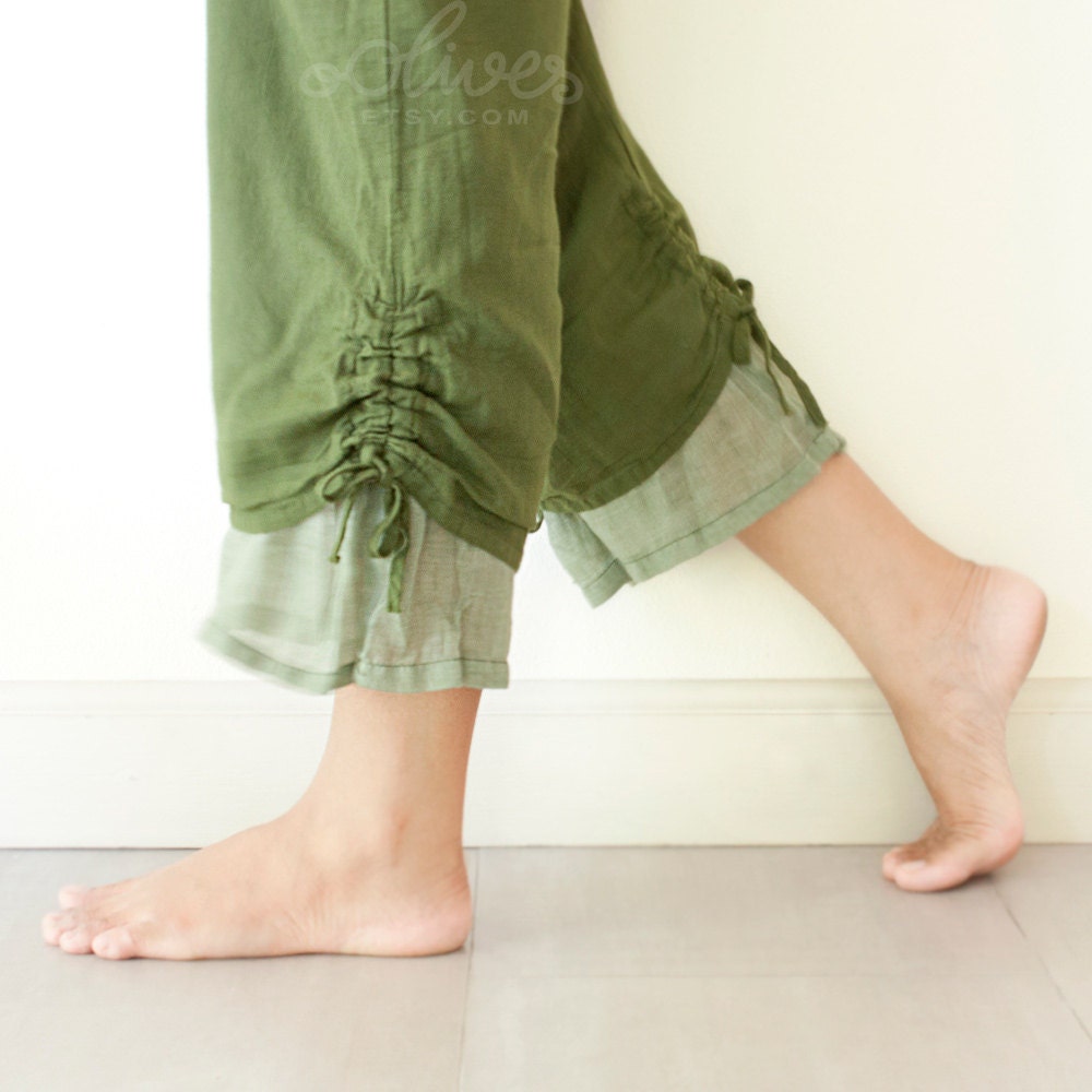 Comfy Drawstring Cotton Pants in Dark Green, M, L - oOlives