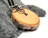 Wood and Silver necklace from round slice of birch tree on a suede brown cord, beige cork woodland forest natural organic eco