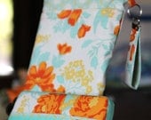 Travel Diaper Changing Set (Girl)  - WetBag & Wipes Case - Orange, Yellow, Aqua, and Cream Floral