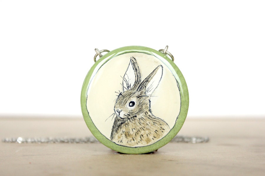 Sage Rabbit Medallion Necklace- Watership down inspired jewelry piece- hand painted rabbit  black friday cyber monday sale