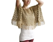 Plus Size Beige Poncho with Fringes - Neutral Cotton Cape XL XXL -  Spring Summer Fall Fashion - Women Teens Accessories