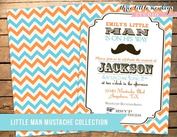Vintage Little Man Mustache Baby Shower Invitation - Orange and Aqua