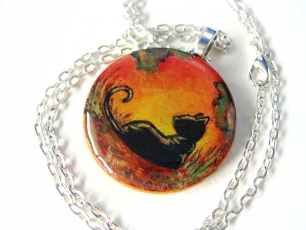 Black Cat Necklace Pendant Autumn Fall Hand Painted Wood Resin - rainbowofcrazy