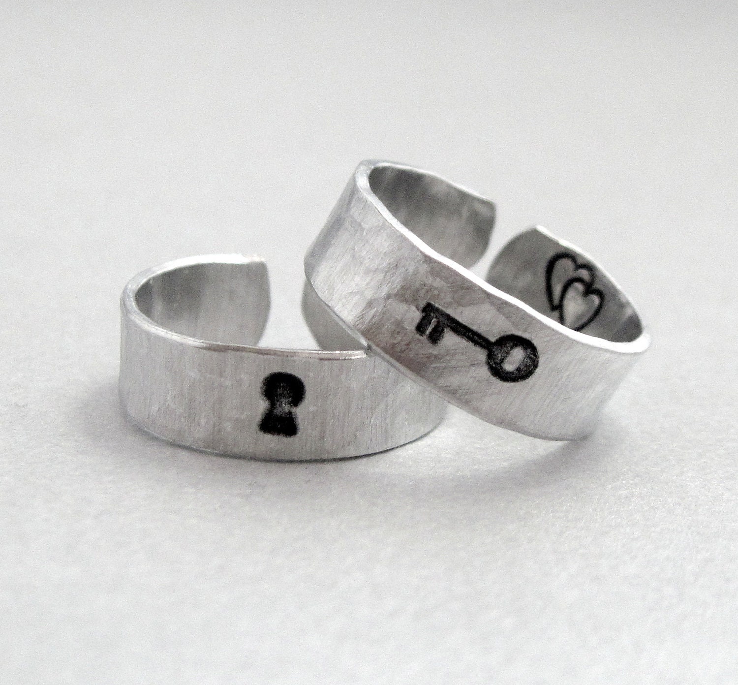 Key to my Heart - Set of TWO Rings- Hand Stamped and Hammered Aluminum Ring - Customizable with Initials or Date