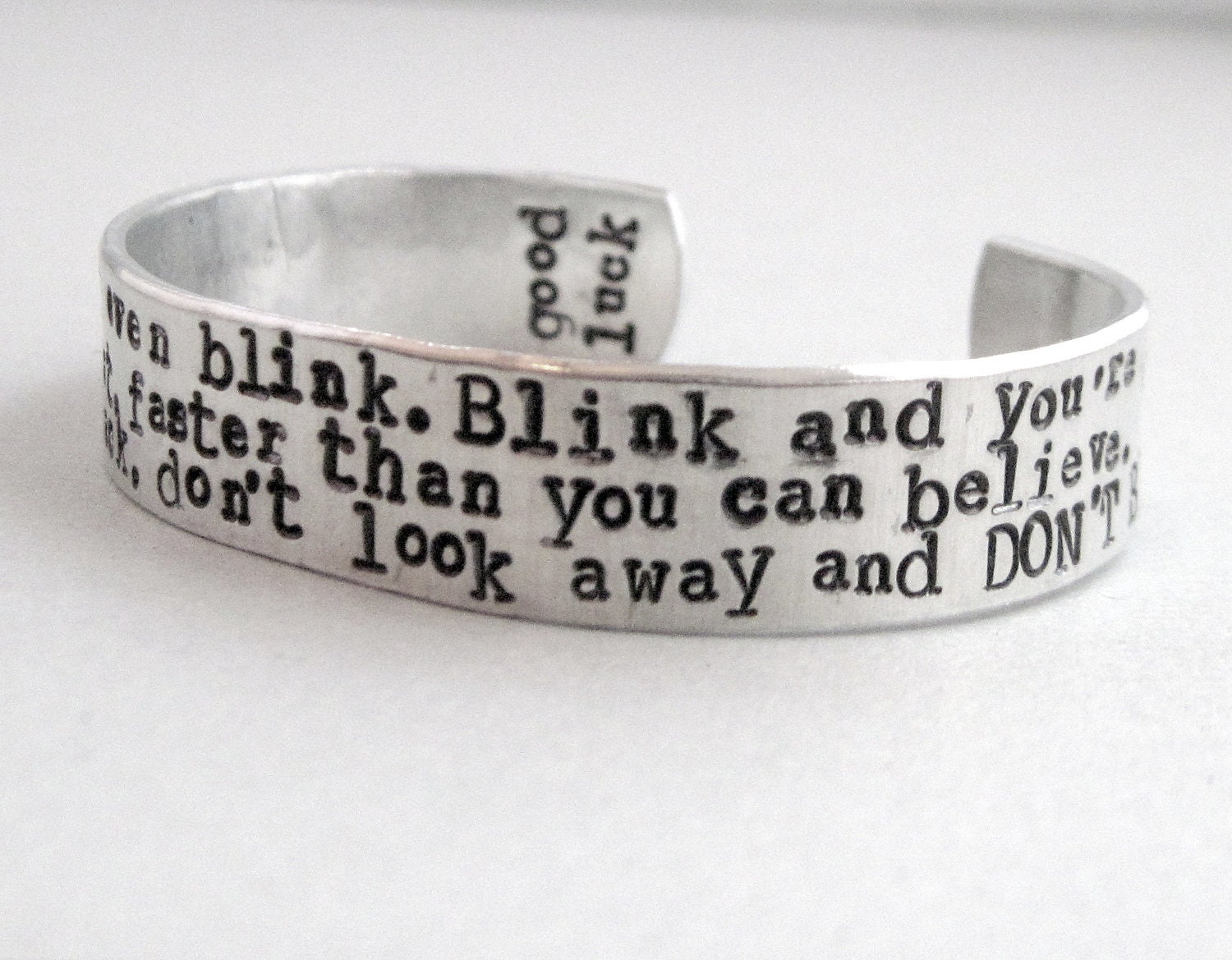 Doctor Who Insprired Bracelet - DON'T BLINK - 2-Sided Hand Stamped Aluminum Cuff - customizable