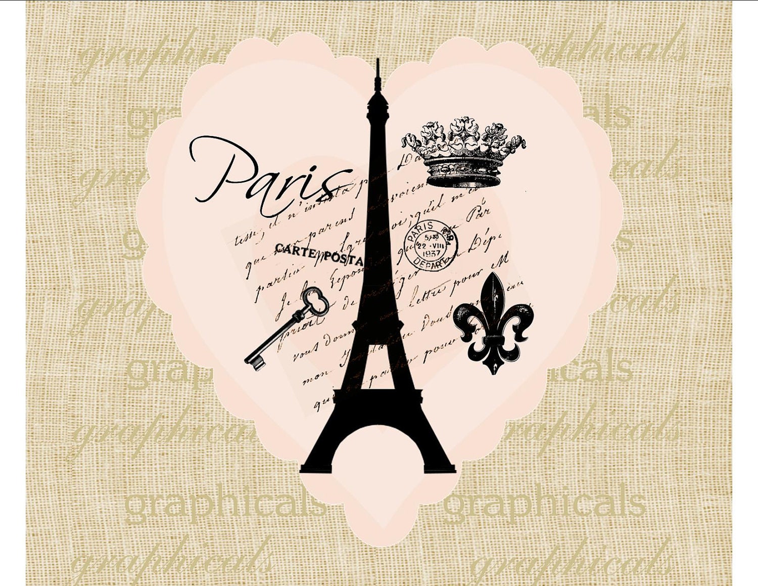 Paris digital download Eiffel tower French ephemera crown fleur de lis  peach heart for transfer to fabric paper burlap pillows No. 474