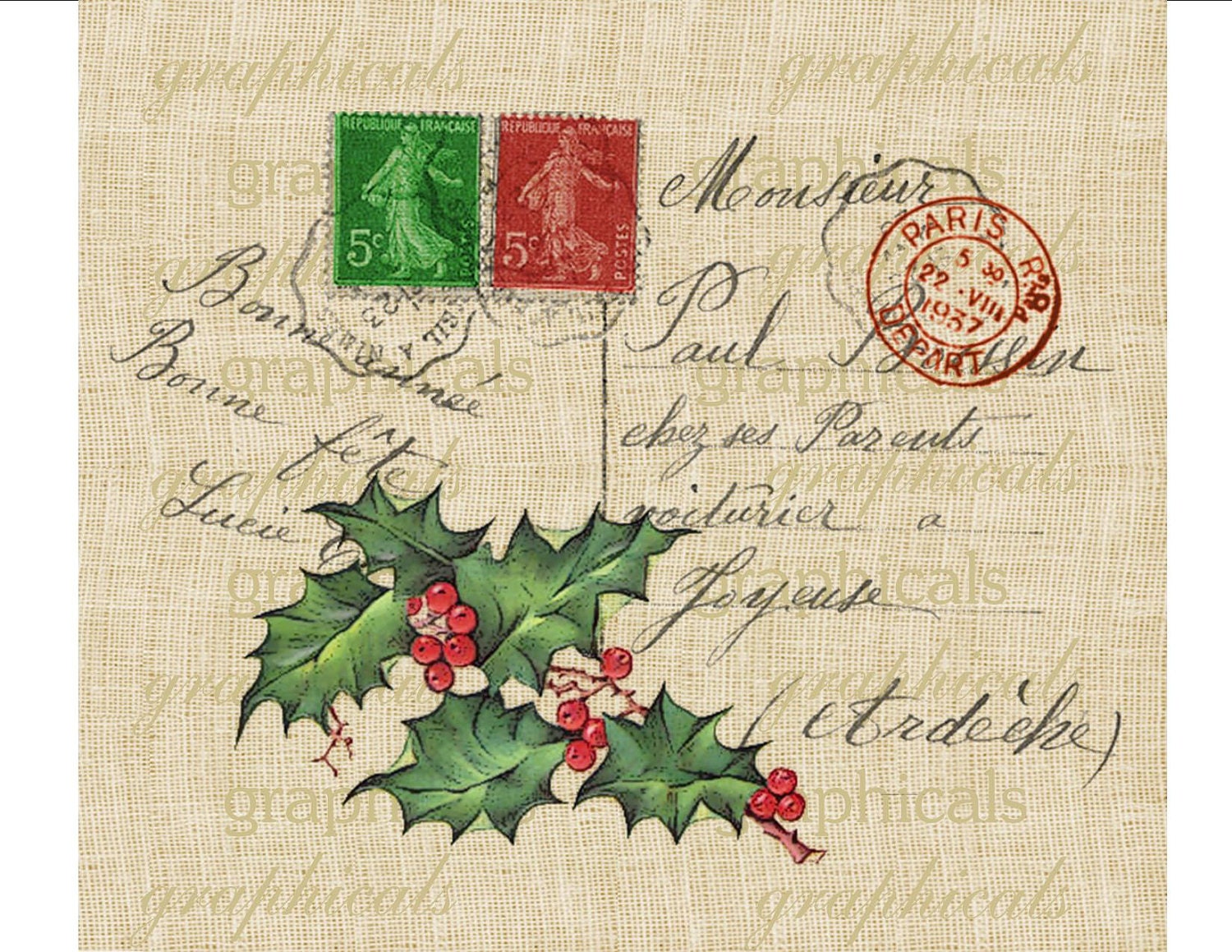 Christmas holly Paris Carte Postale Red Green digital download image for iron on fabric transfer burlap decoupage pillows cards No. 1772