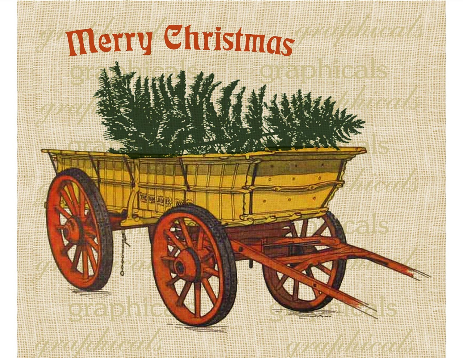 Christmas tree wagon Farm digital download image for iron on fabric transfer burlap decoupage pillows decals totes No. 1777