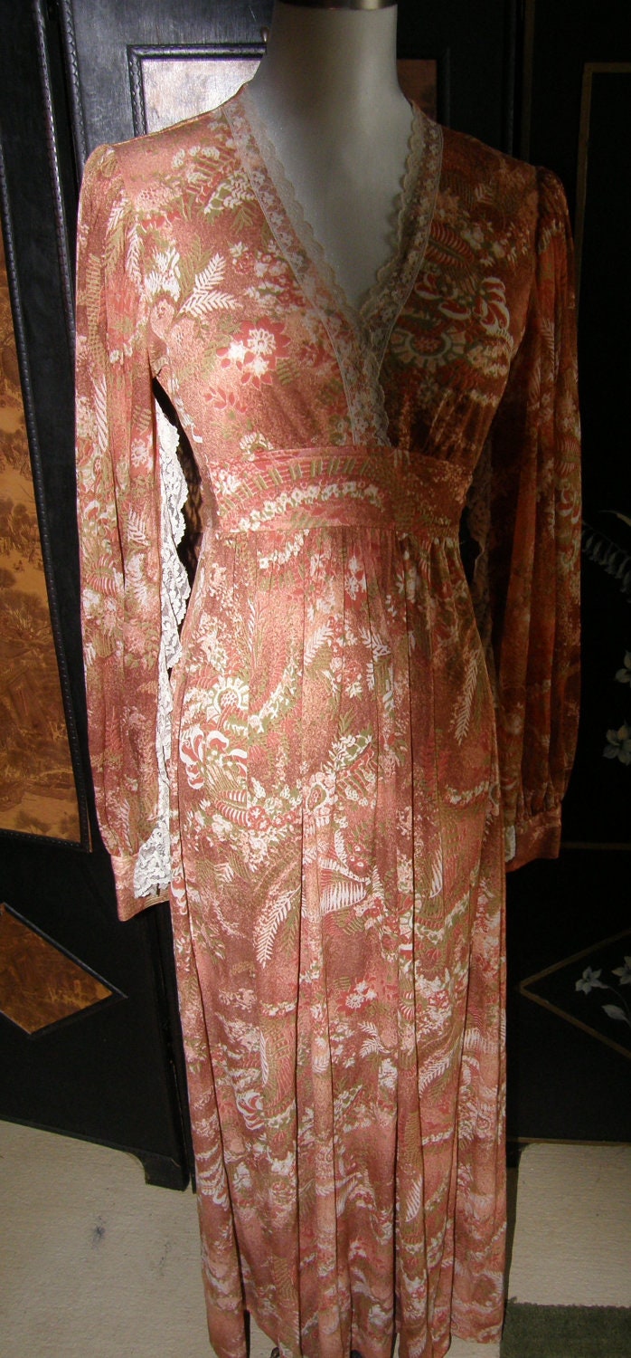 Hippie Dress Boho Butterfly Sleeves Autumn Colors w Lace Vintage Size 11