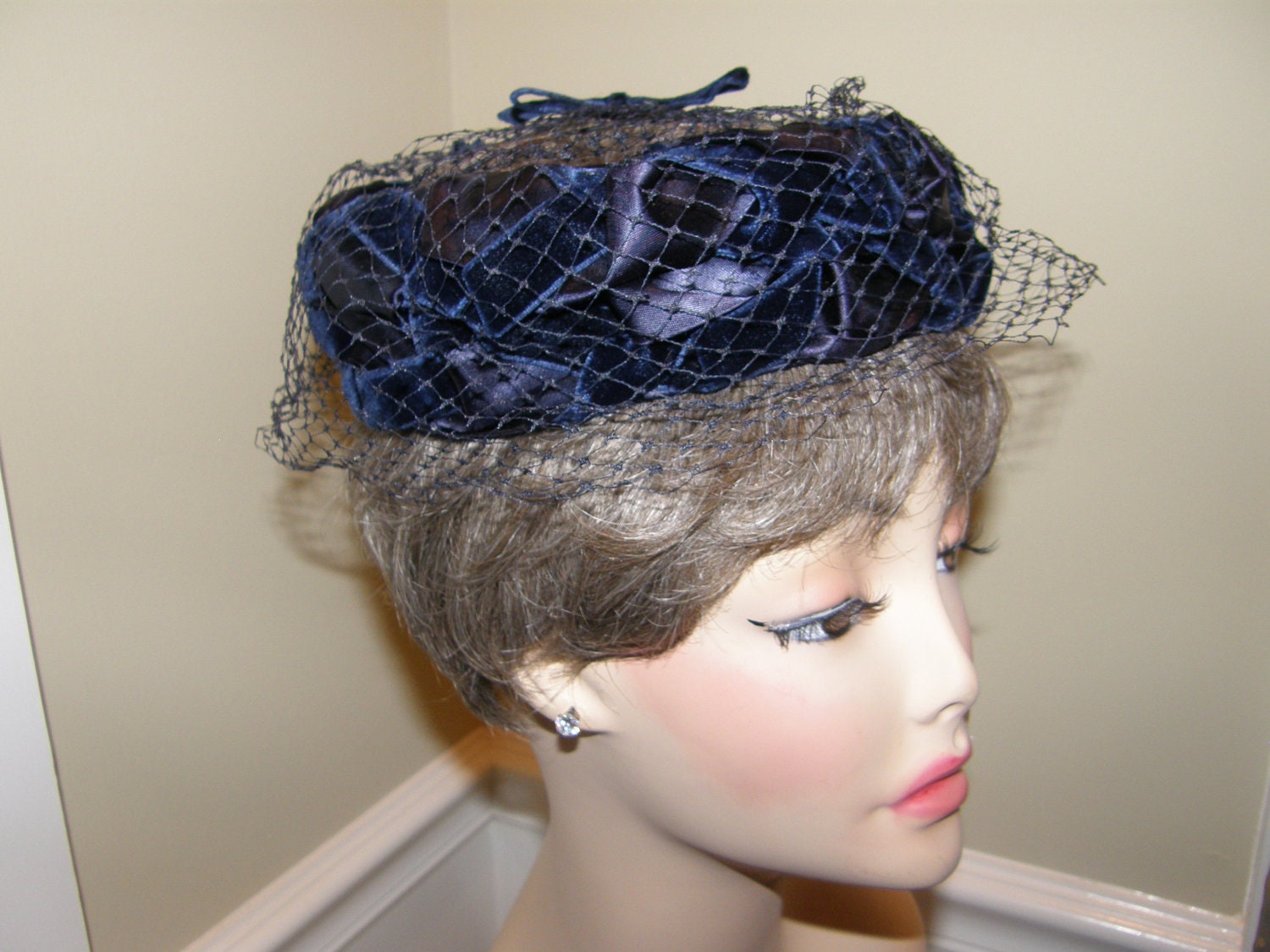Vintage Halo Hat Cocktail Hat Midnight Blue Braided Velvet and Sateen with Netting