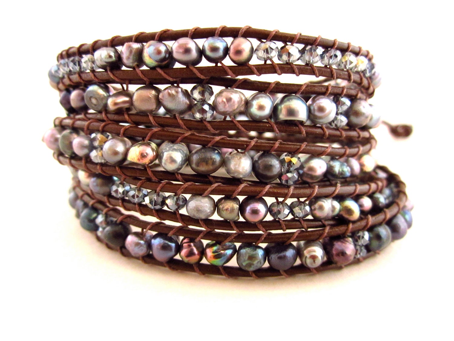 Natural Peacock colored fresh water pearls and blue crystal leather wrap bracelet, brown leather and purpleish blue pearls