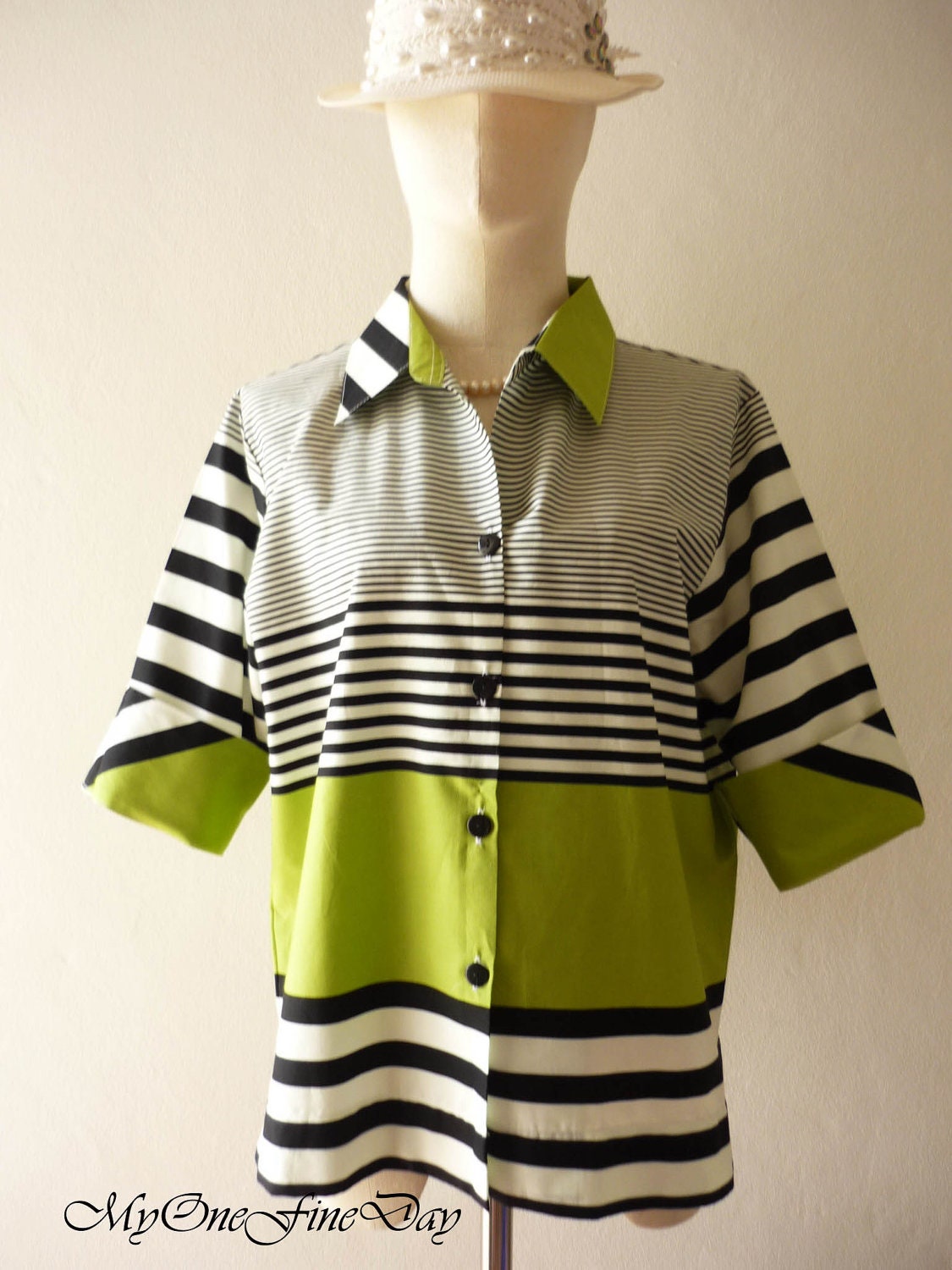Women's Cotton Shirt for One Fine Day All Season Green Apple Stripe Elbow Sleeve