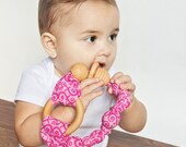 Wood teething tambourine.  Unfinished wood with wooden beads and organic cotton you choose fabric for girl, boy or neutral