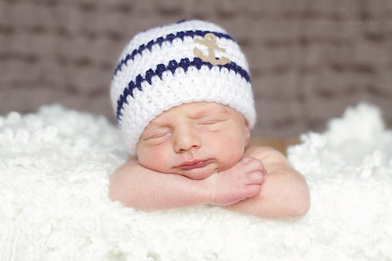 SALE Peas and Quiet Signature Classic Nautical Anchor Beanie Hat Photography Prop in Newborn, 0-3, 3-6, 6-12 months