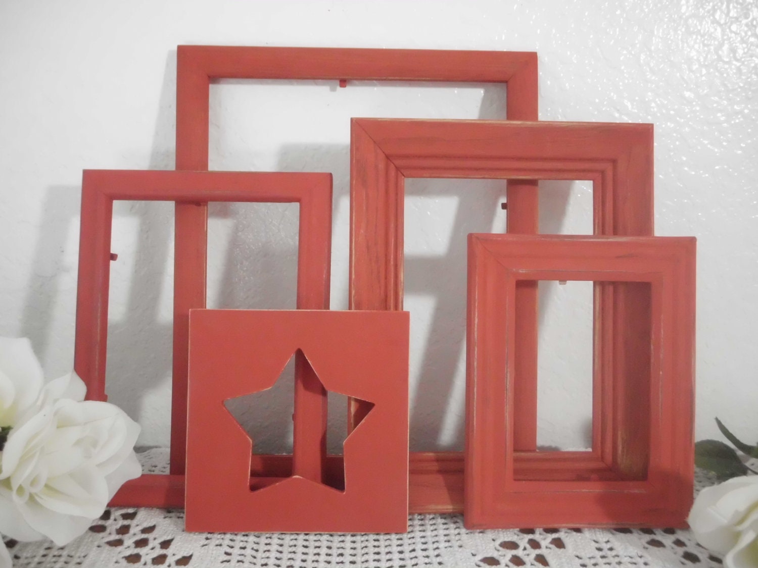 Red Shabby Chic Picture Frame Set Distressed Rustic Cottage Cabin Home Decor Christmas Wedding Decoration Gift For Her Him Romantic Love