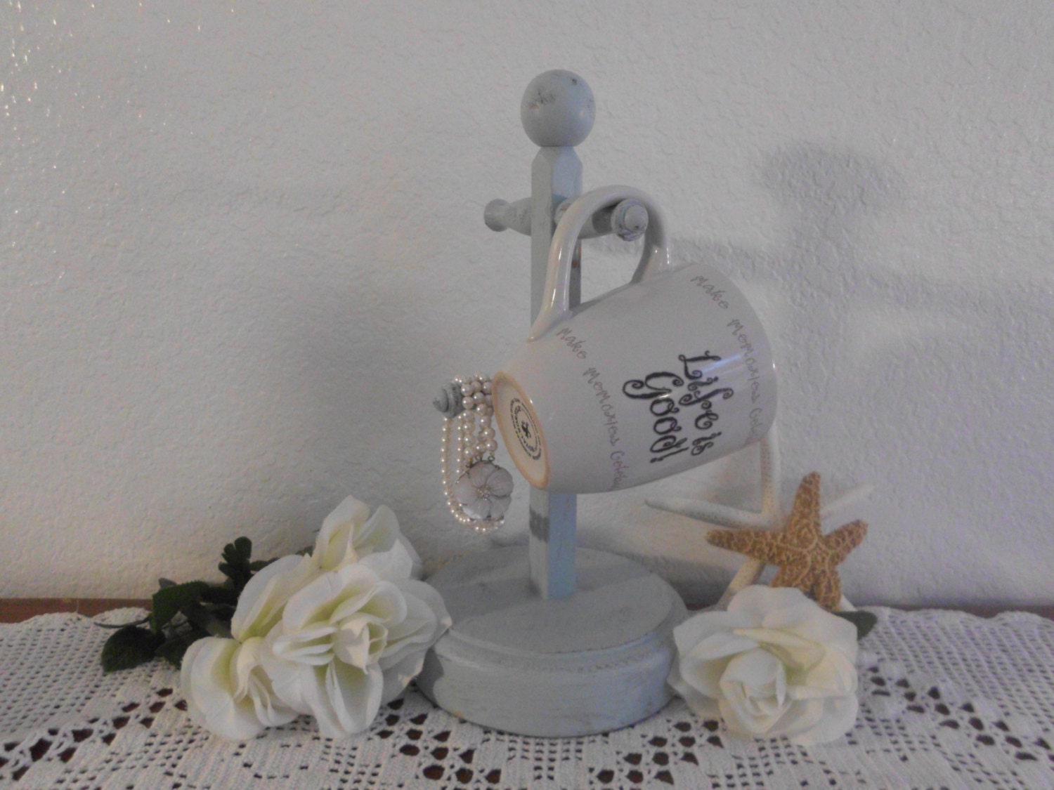 Light Periwinkle Blue Shabby Chic Mug Rack Coffee Tea Cup Holder Jewelry Organizer Tree Cottage Kitchen Home Decor Birthday Gift for Her
