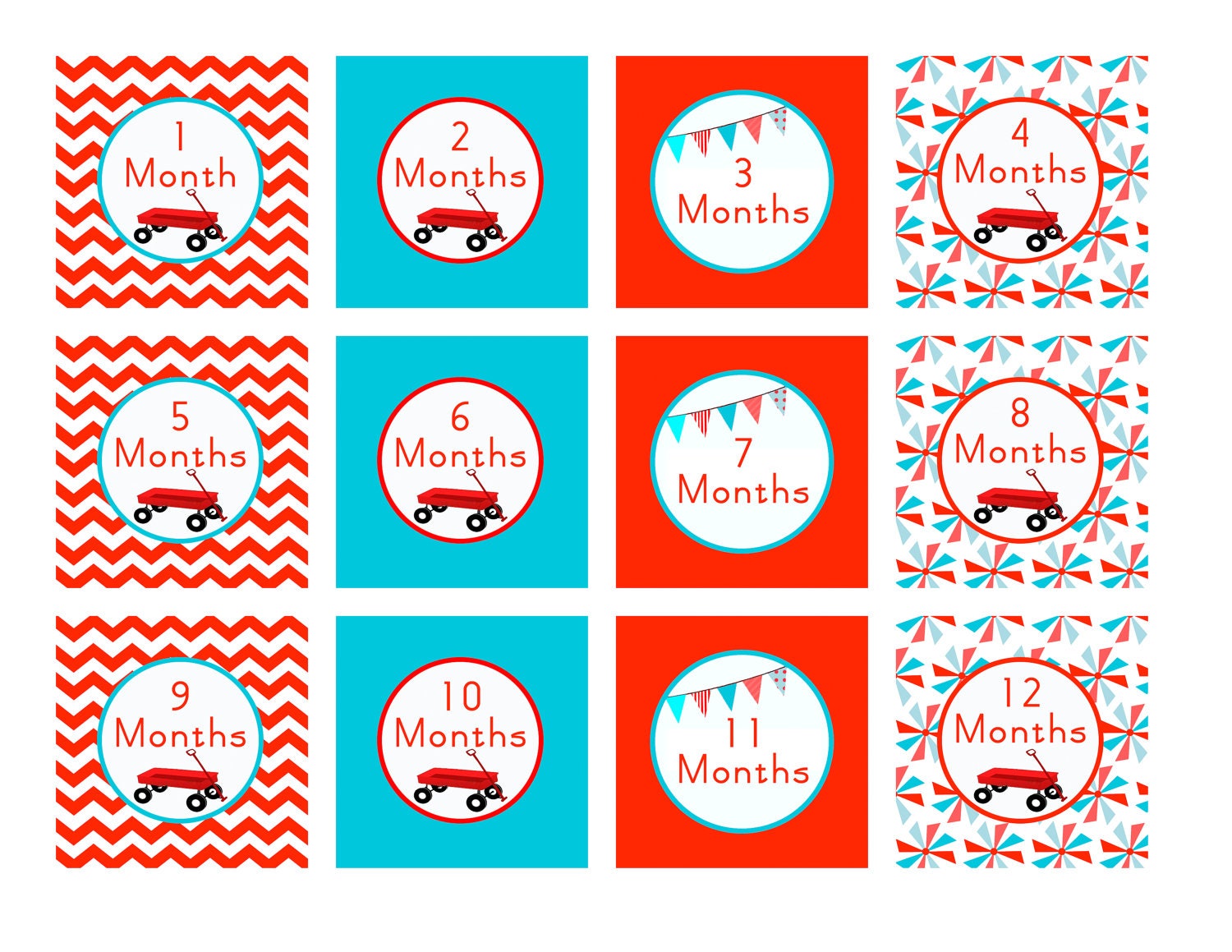 Printable 1st Year PHOTO CLIPS - MILESTONE Tags - Red Wagon Theme - Libby Lane Press Il_570xn