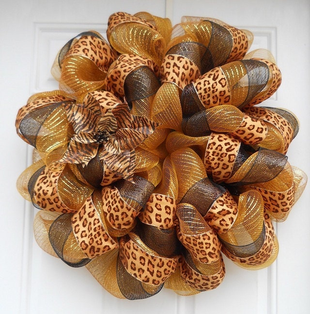 Gold Safari Elegant Zebra/Leopard Mix Poinsettia Mesh Wreath