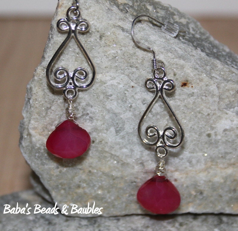 Hot Pink Chalcedony Brio in Silver Dangles