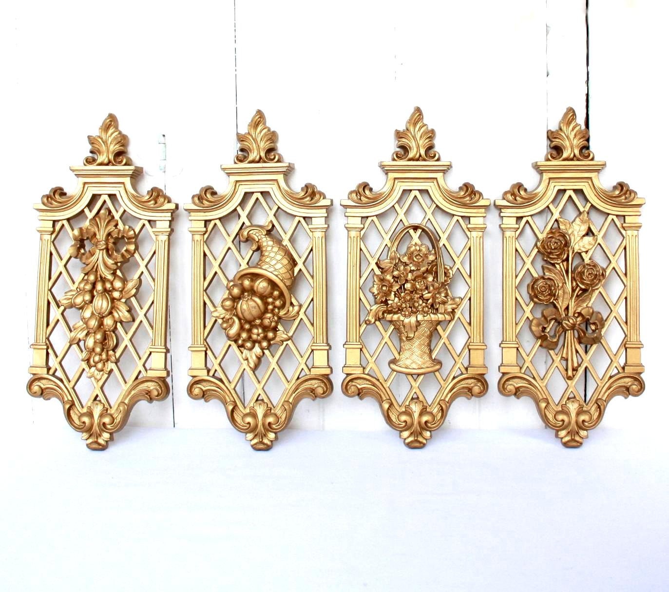 Vintage Gold Wall Plaques, Syroco Style, 4 Seasons, Mid Century Decor, Hollywood Regency Decor