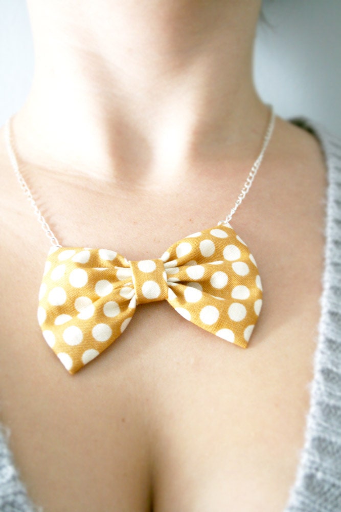 Honey gold Bow tie necklace. Fabric bow pendant. Silver chain 20" Mustard and white polka dots. Ready to ship. Must have. Pantone color 2013