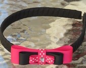 Loopy Bow Headband with Rhinestone - Shocking Pink and Black