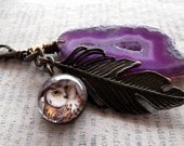 Owl Pendant, with Agate and Feather Charm