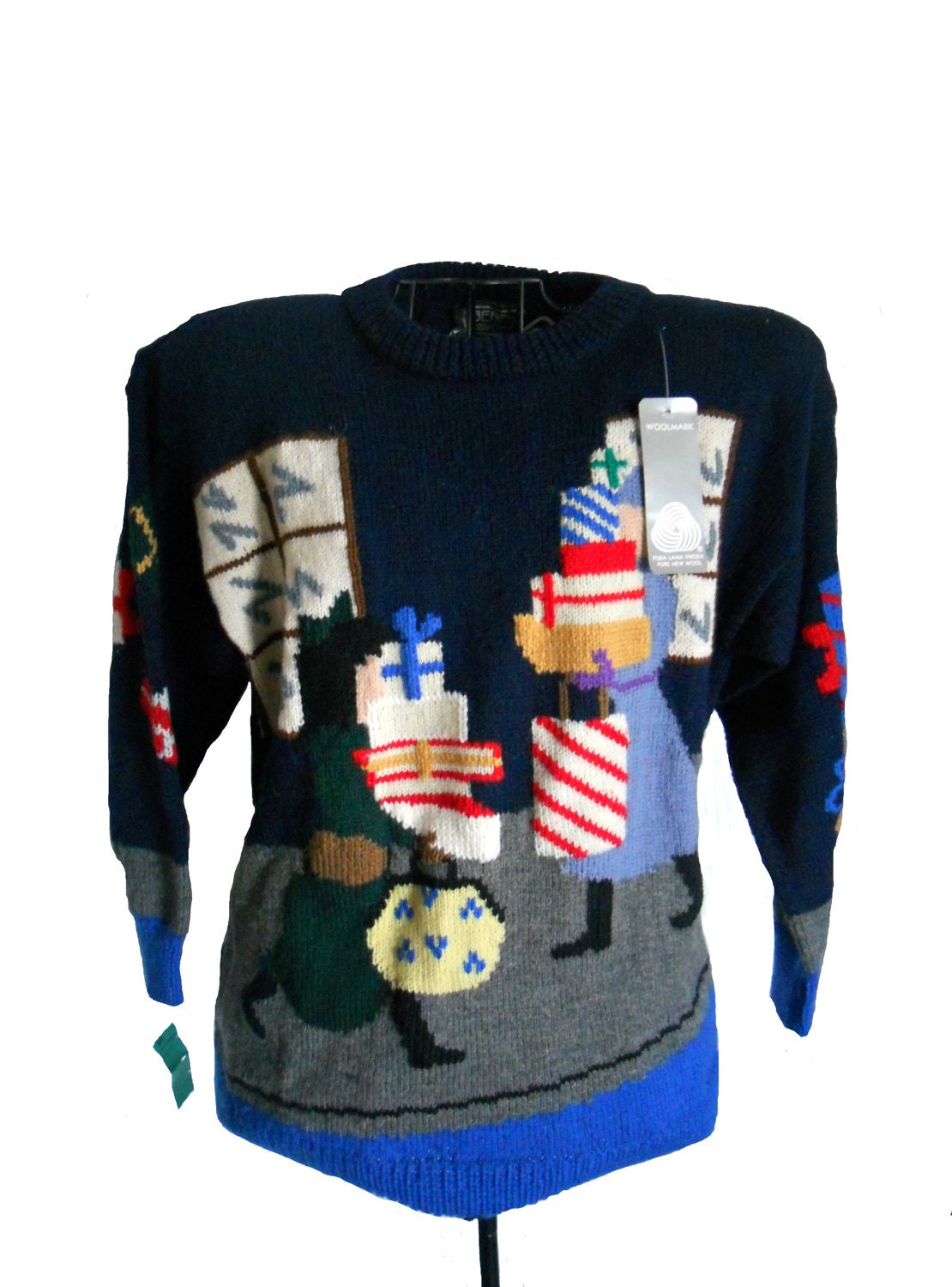 Ugly Christmas Sweater Vintage Oversized Berek Brand - Navy and Gray with Presents - New Old Stock with Tags