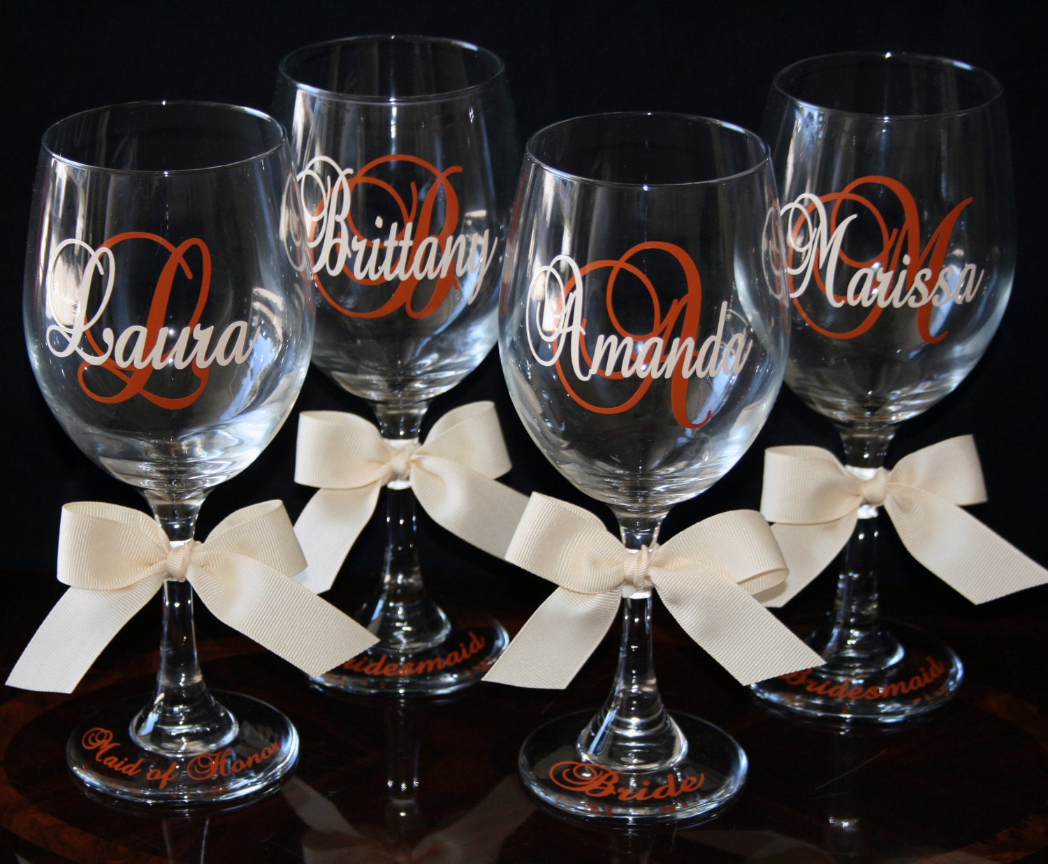 4 Personalized  Bride and Bridesmaid Wine Glasses