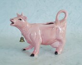 Pink Ceramic Cow Creamer with Brass Bell - Retro Cow Creamer in Pastel Pink - Vintage Pink Cow Creamer