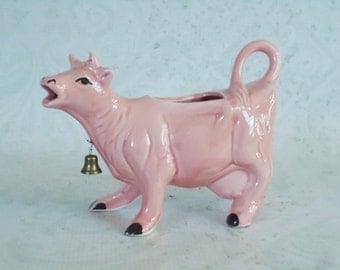Pink Ceramic Cow Creamer with Brass Bell - Retro Cow Creamer in Pastel Pink - Vintage Pink Cow Creamer