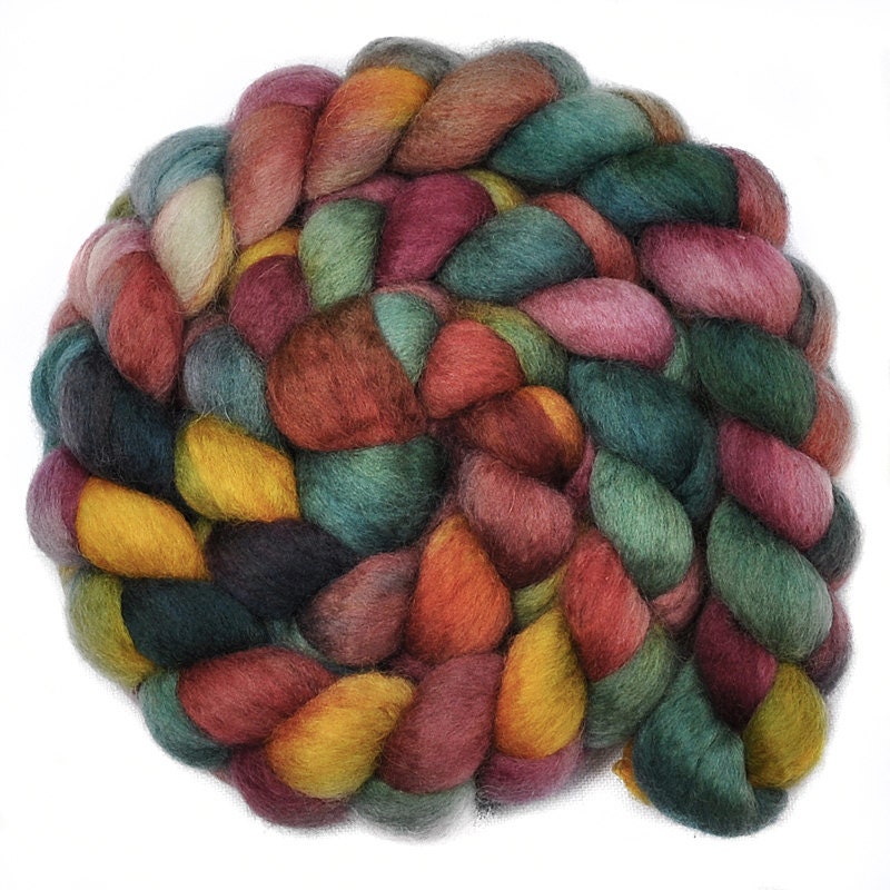 RESERVED for Robin - Hand painted roving - Walled Garden Too - Blue Faced Leicester (BFL) wool spinning fiber, 4.1 ounces