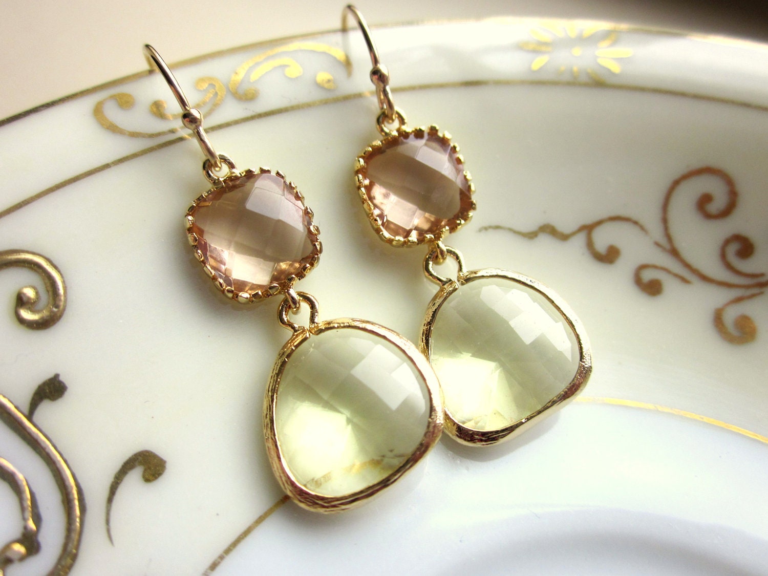 Citrine Earrings Pink Champagne Glass Gold Plated - Bridesmaid Earrings - Wedding Earrings - Christmas Gift