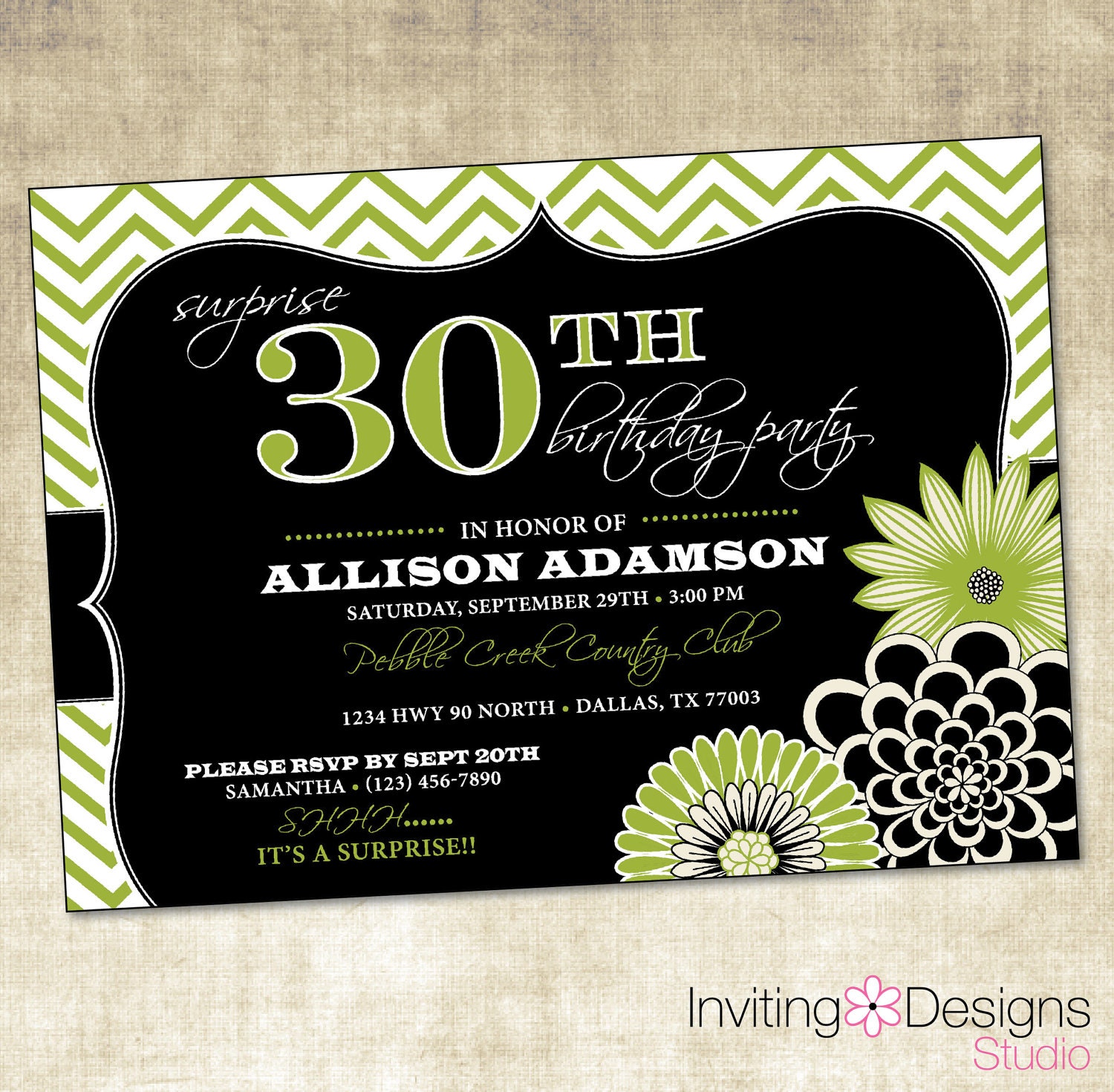 Birthday Party Invitation, 20th, 25th, 30th, 40th, 50th, Green, Black, White, Surprise, Chevron - Customize your Colors (PRINTABLE FILE)